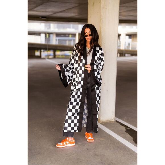 Dressed in LALA Other - Dressed In LALA Good Karma Kimono in Checkerboard Black White Size S/M